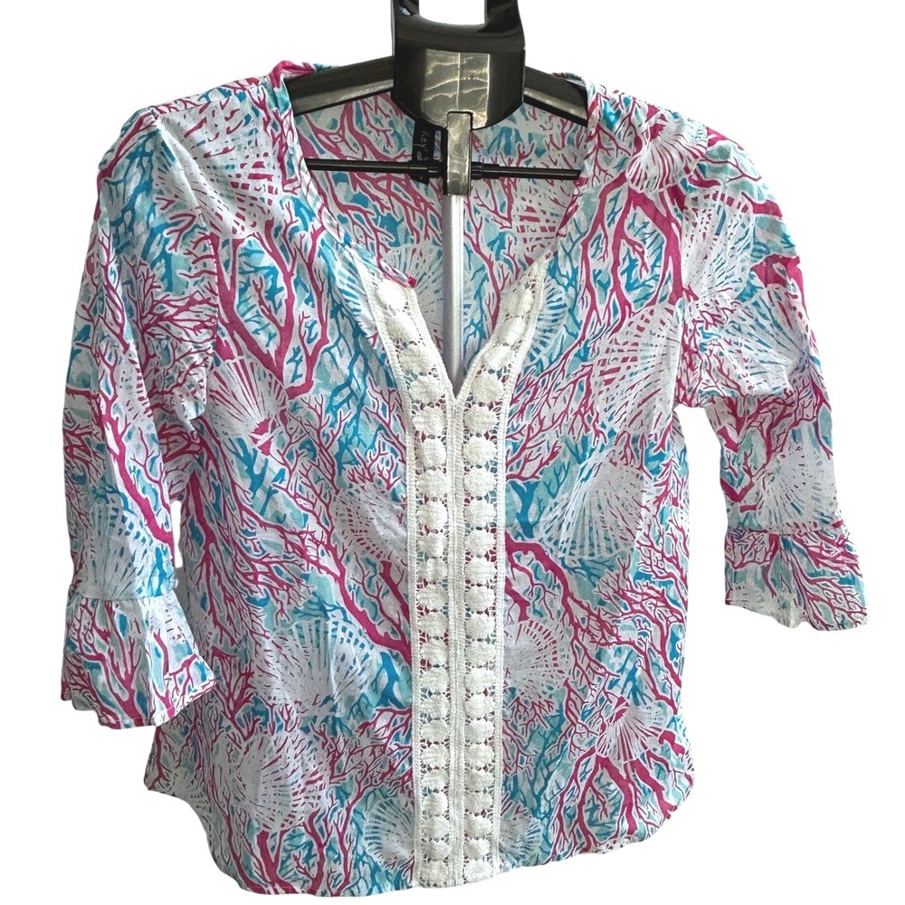 Casey‎ Key Womens Pink Turquoise Coral Shell Coastal Cotton Tunic Top  Medium